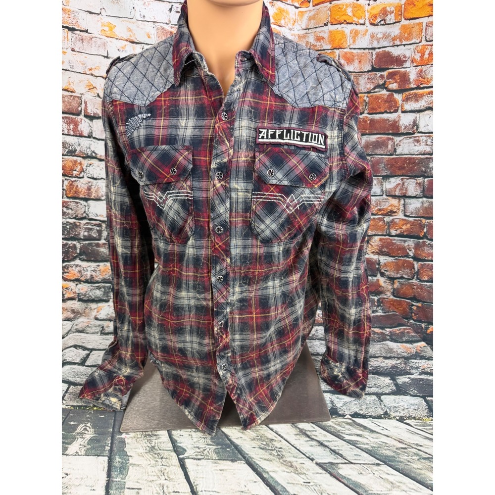 Affliction Black Premium Mens Plaid Flannel Shirt Red Grey Distressed Biker M